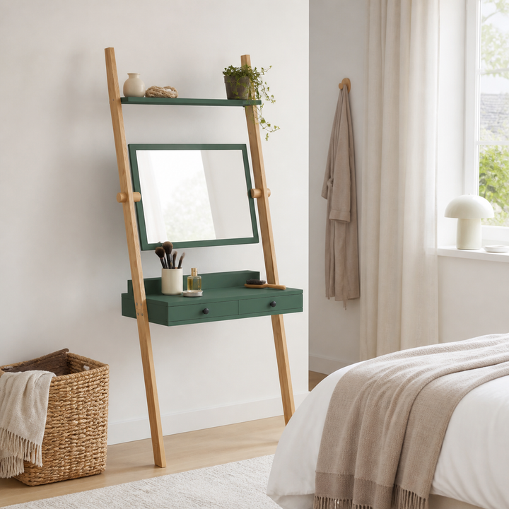 LENO Sminkebord 79x183cm Asketræ Sea Green – supplerende neutral dagslysscene