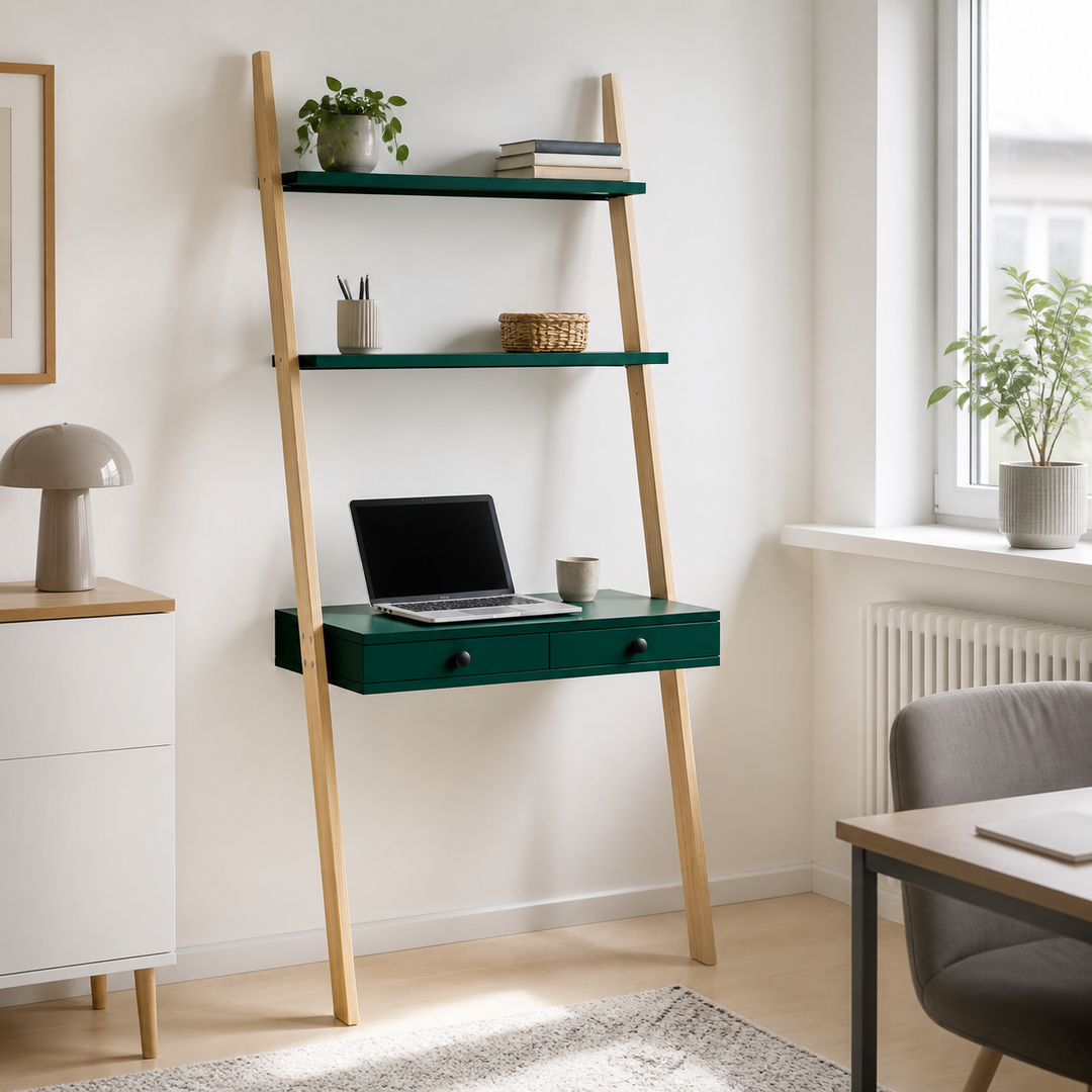 LENO Stigehylde Skrivebord 79x183cm - Asketræ / Grøn – hero i naturlig brug