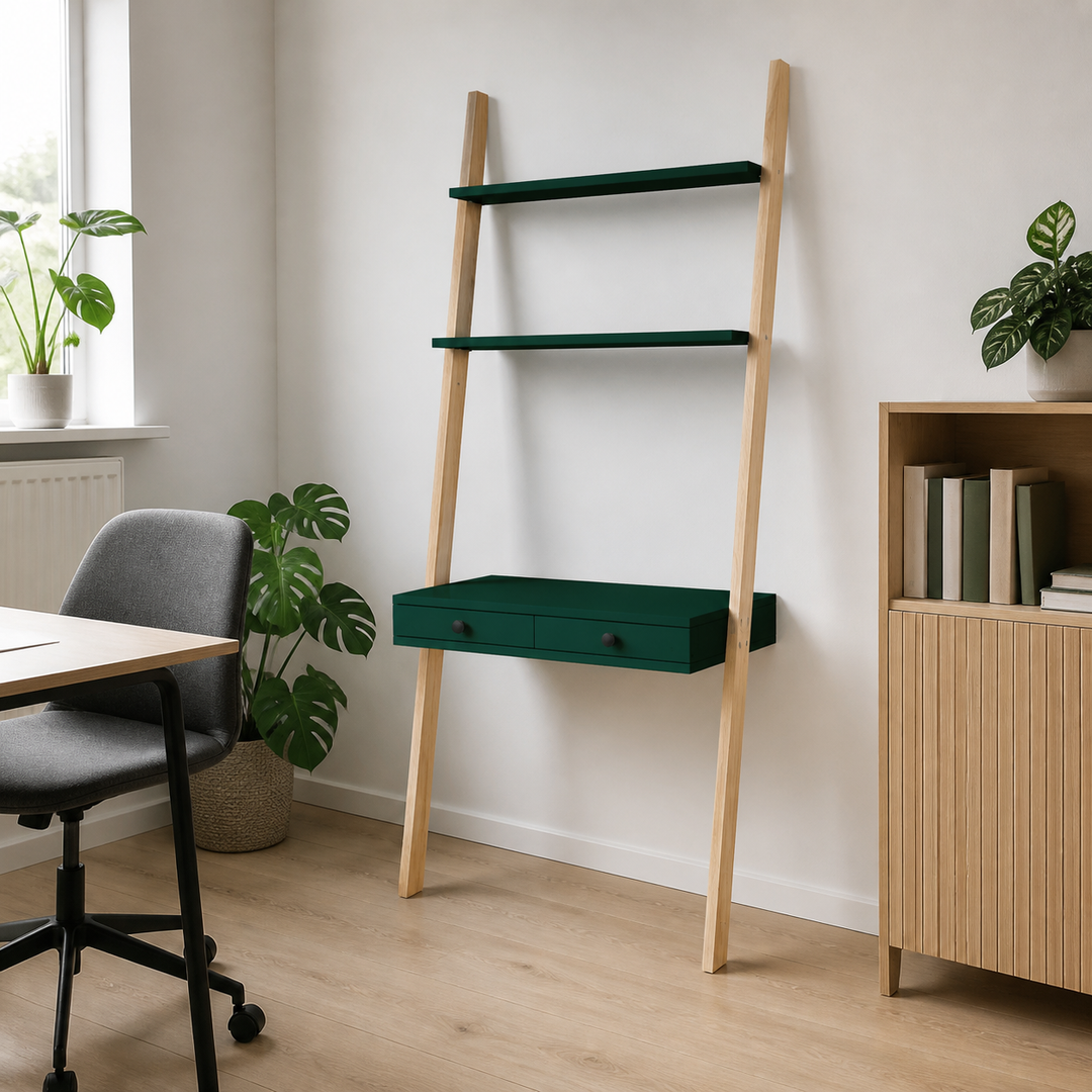 LENO Stigehylde Skrivebord 79x183cm - Asketræ / Grøn – hele produktet samlet og ryddeligt