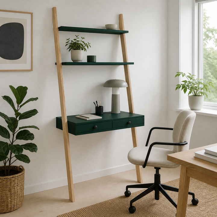 LENO Stigehylde Skrivebord 79x183cm - Asketræ / Grøn – supplerende neutral dagslysscene
