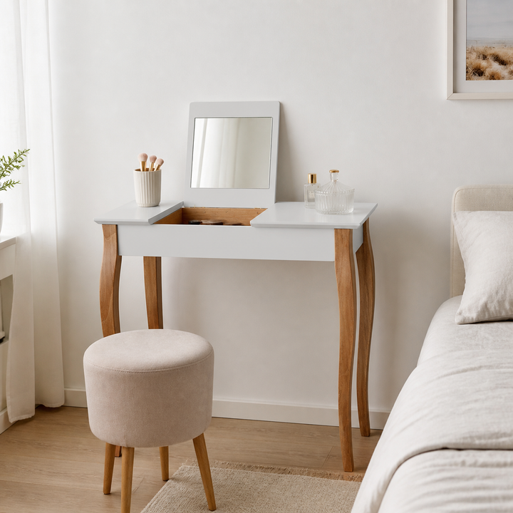LILLO Sminkebord med spejl - 85x35cm Hvide Ben / Lysegrå – vigtigste funktion