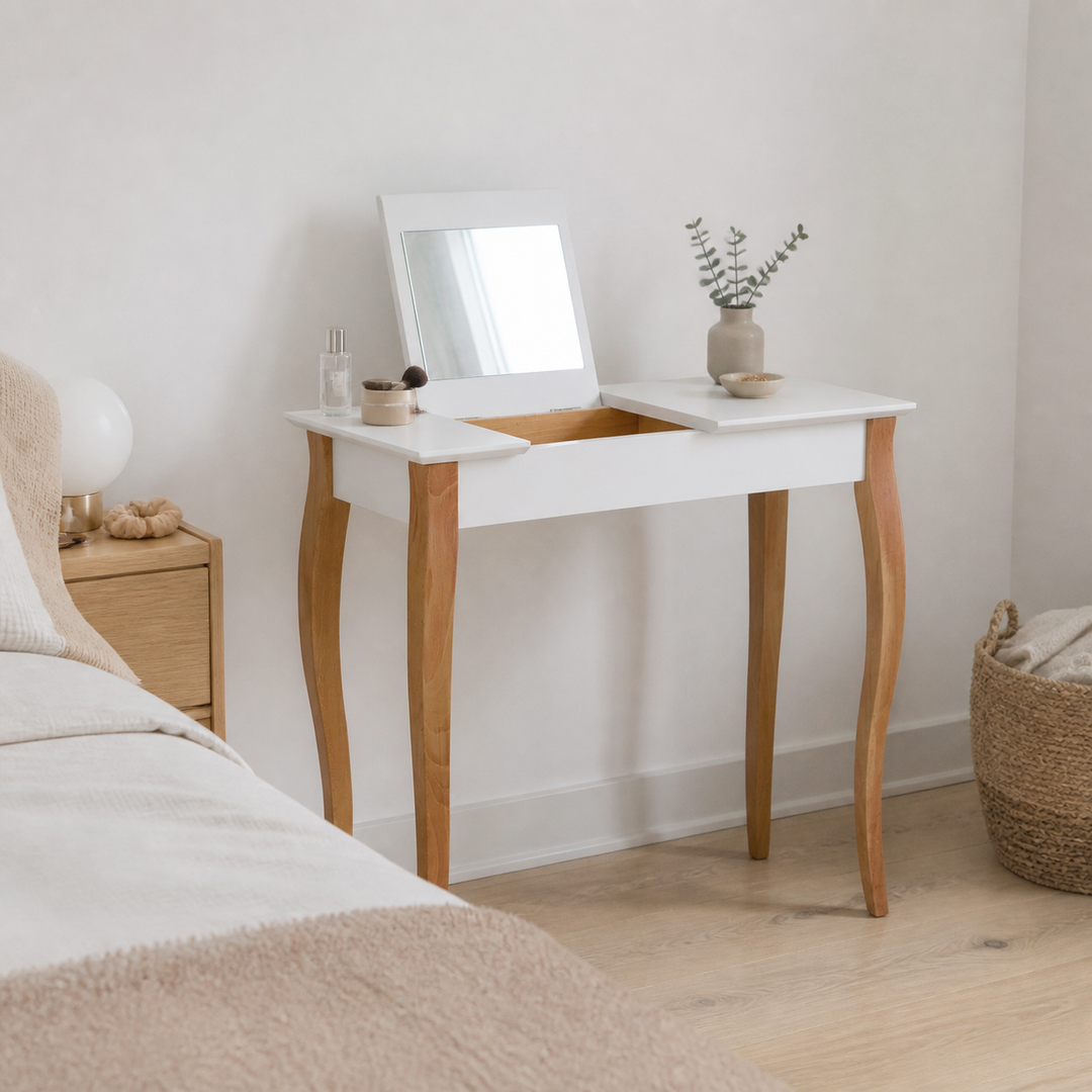 LILLO Sminkebord med spejl - 85x35cm Hvide Ben / Lysegrå – hele produktet samlet og ryddeligt