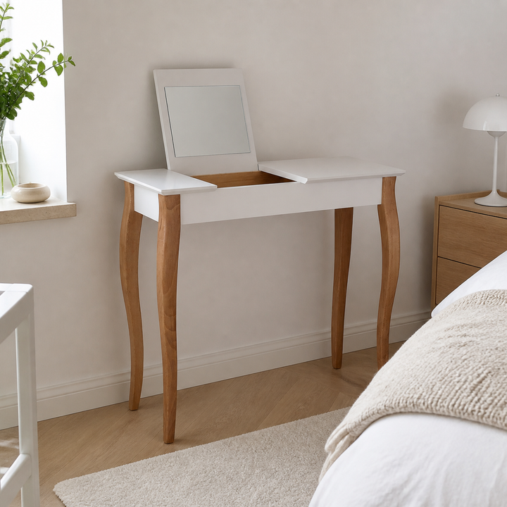 LILLO Sminkebord med spejl - 85x35cm Hvide Ben / Lysegrå – materiale- eller konstruktionsdetalje