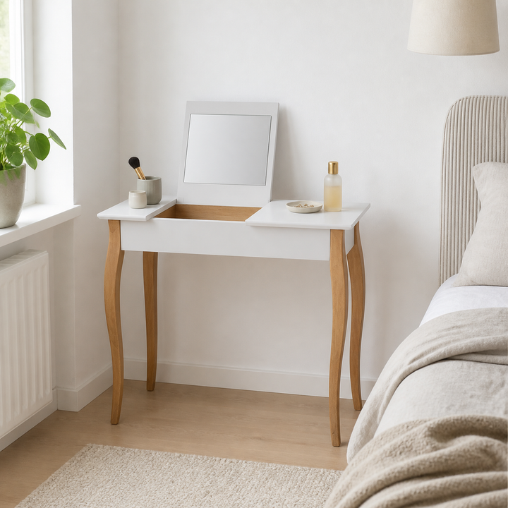 LILLO Sminkebord med spejl - 85x35cm Hvide Ben / Lysegrå – supplerende neutral dagslysscene