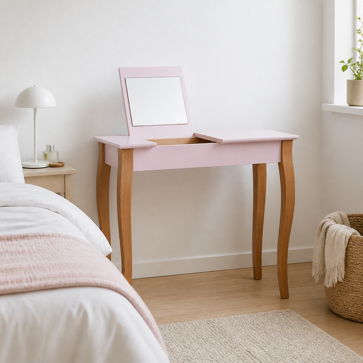 LILLO Sminkebord med spejl - 85x35cm Pink – supplerende neutral dagslysscene