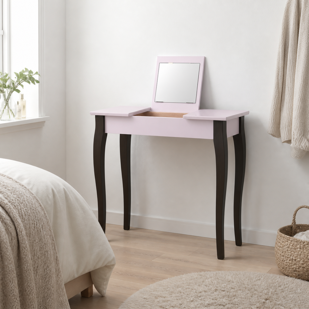 LILLO Sminkebord med spejl - 85x35cm Sorte Ben / Pink – hele produktet samlet og ryddeligt