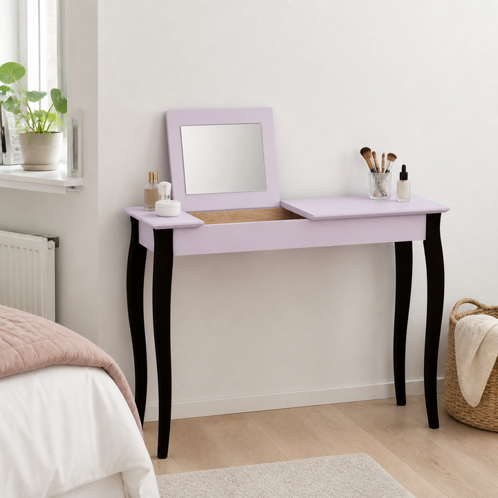 LILLO Sminkebord med spejl - Sorte Ben / Pink – hele produktet samlet og ryddeligt