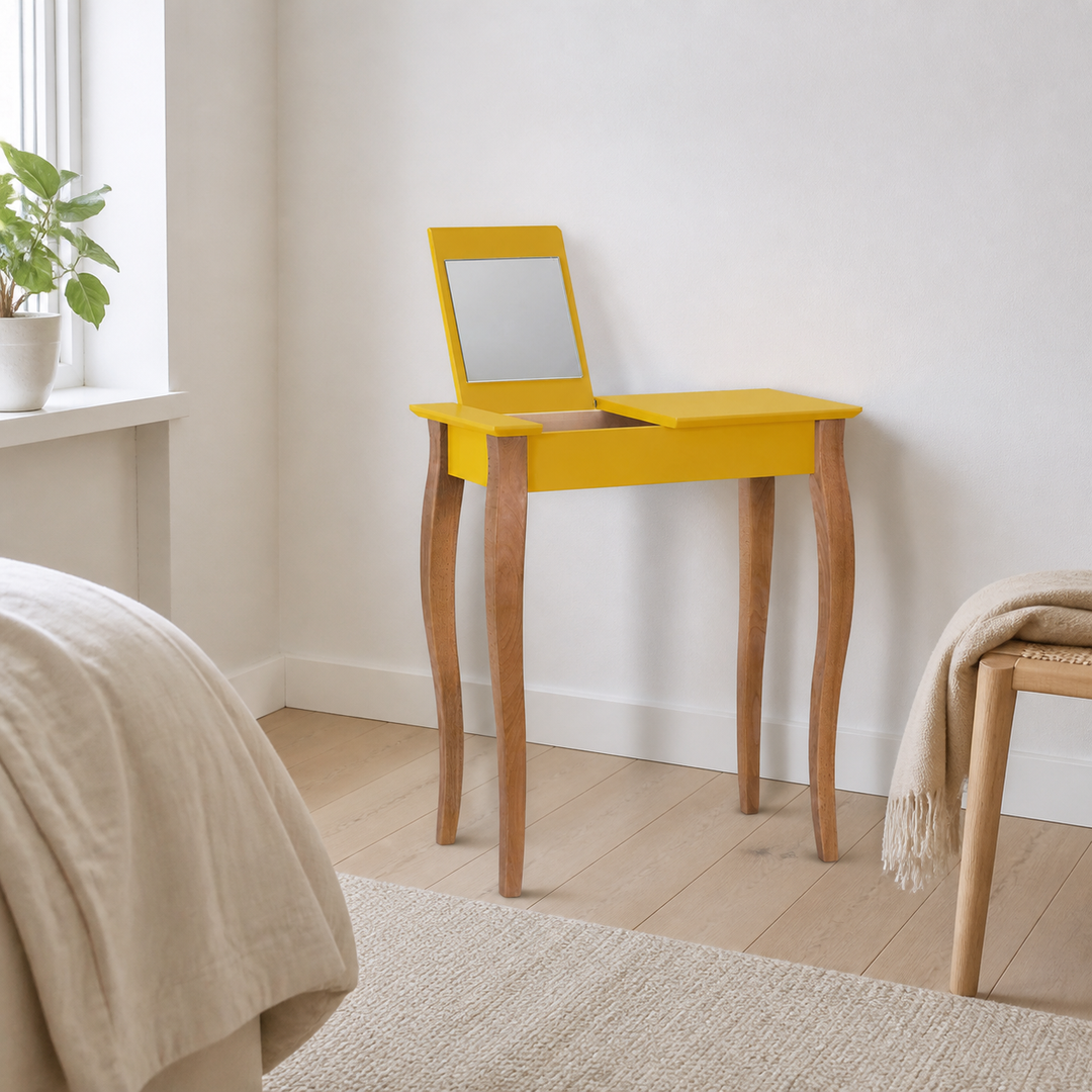 LILLO Sminkebord med spejl 65x35cm Gul – hele produktet samlet og ryddeligt