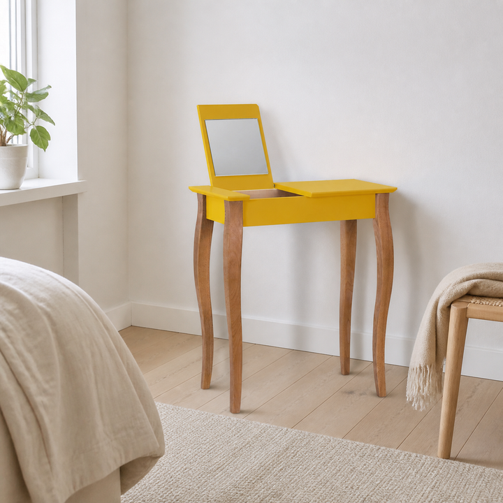 LILLO Sminkebord med spejl 65x35cm Gul – hele produktet samlet og ryddeligt
