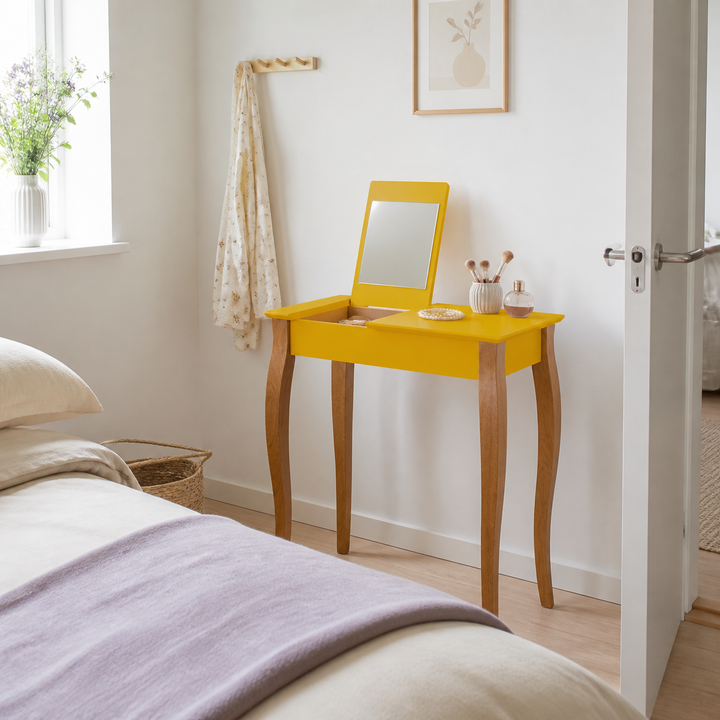LILLO Sminkebord med spejl 65x35cm Gul – anden naturlig anvendelse eller vinkel