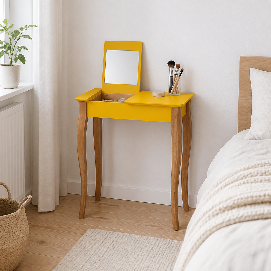 LILLO Sminkebord med spejl 65x35cm Gul – supplerende neutral dagslysscene