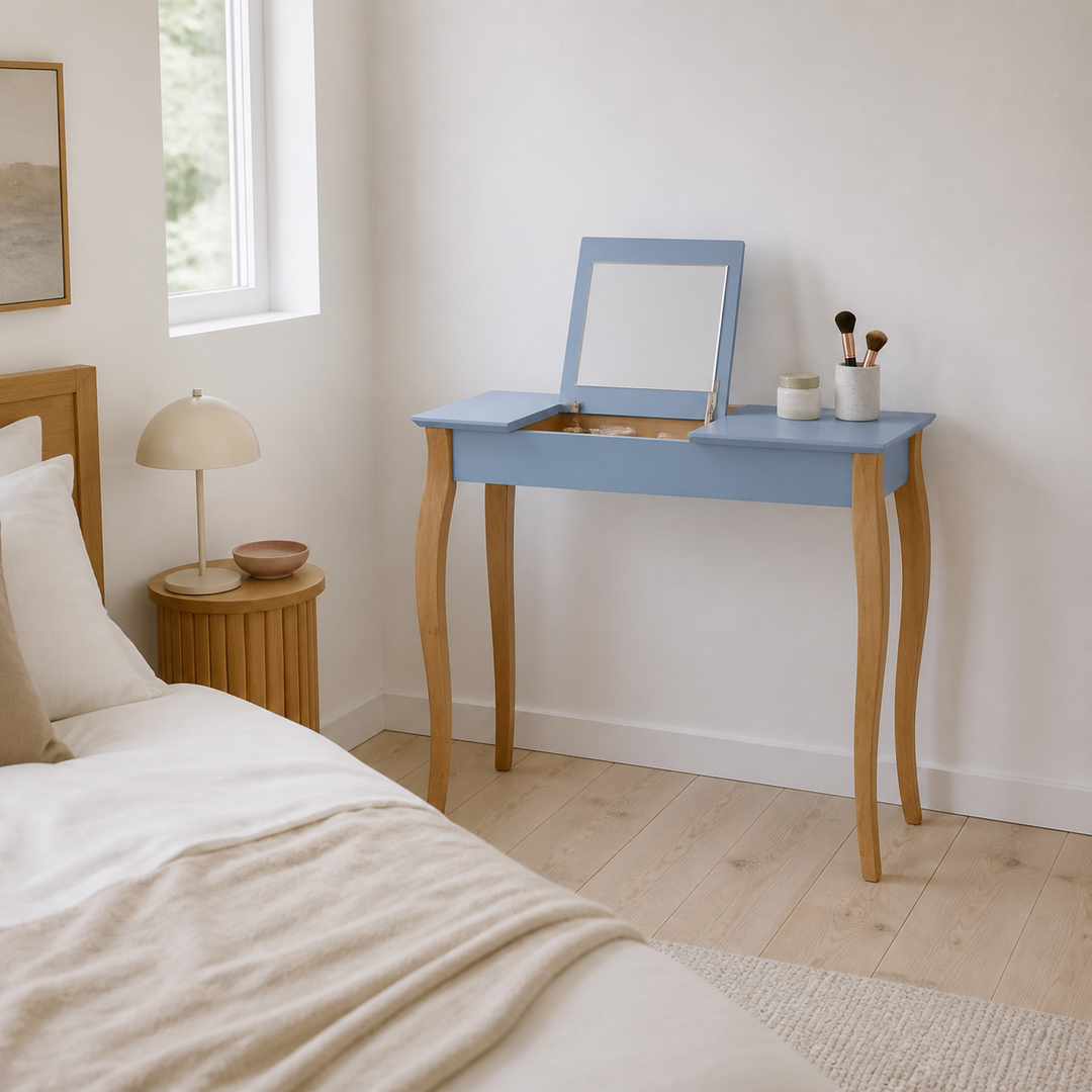 LILLO Sminkebord med spejl 85x35cm Gentle Blue – hele produktet samlet og ryddeligt