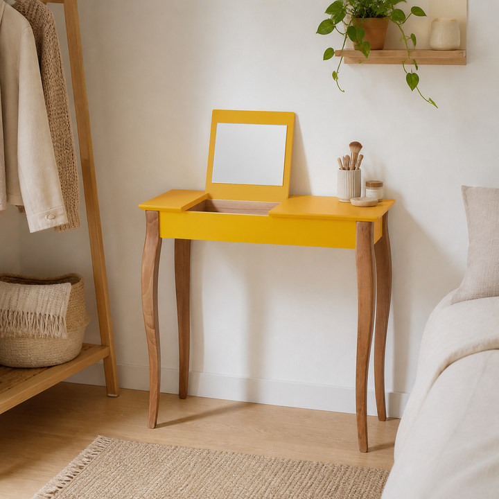 LILLO Sminkebord med spejl 85x35cm Gul – hele produktet samlet og ryddeligt