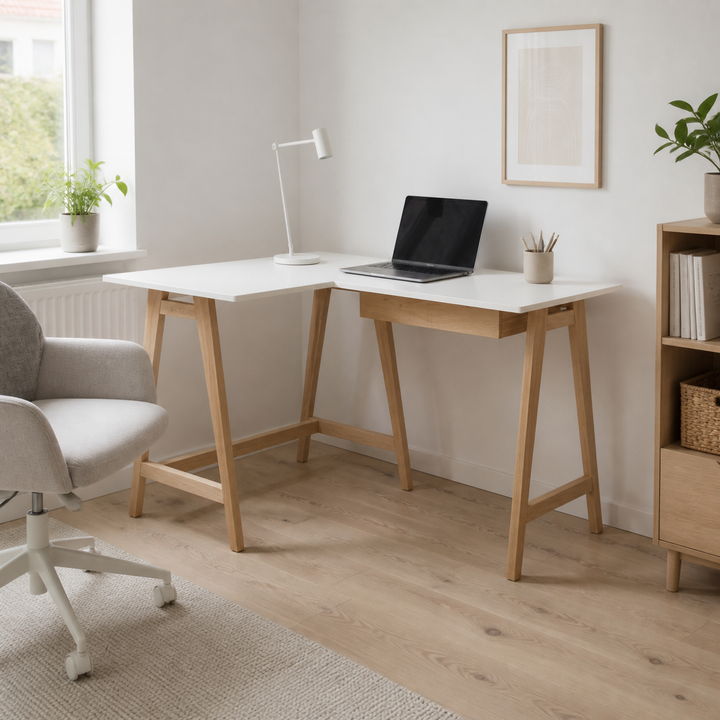 LUKA Asketræ Hjørneskrivebord B 115cm x D 85cm / Hvid Venstre Side – hero i naturlig brug