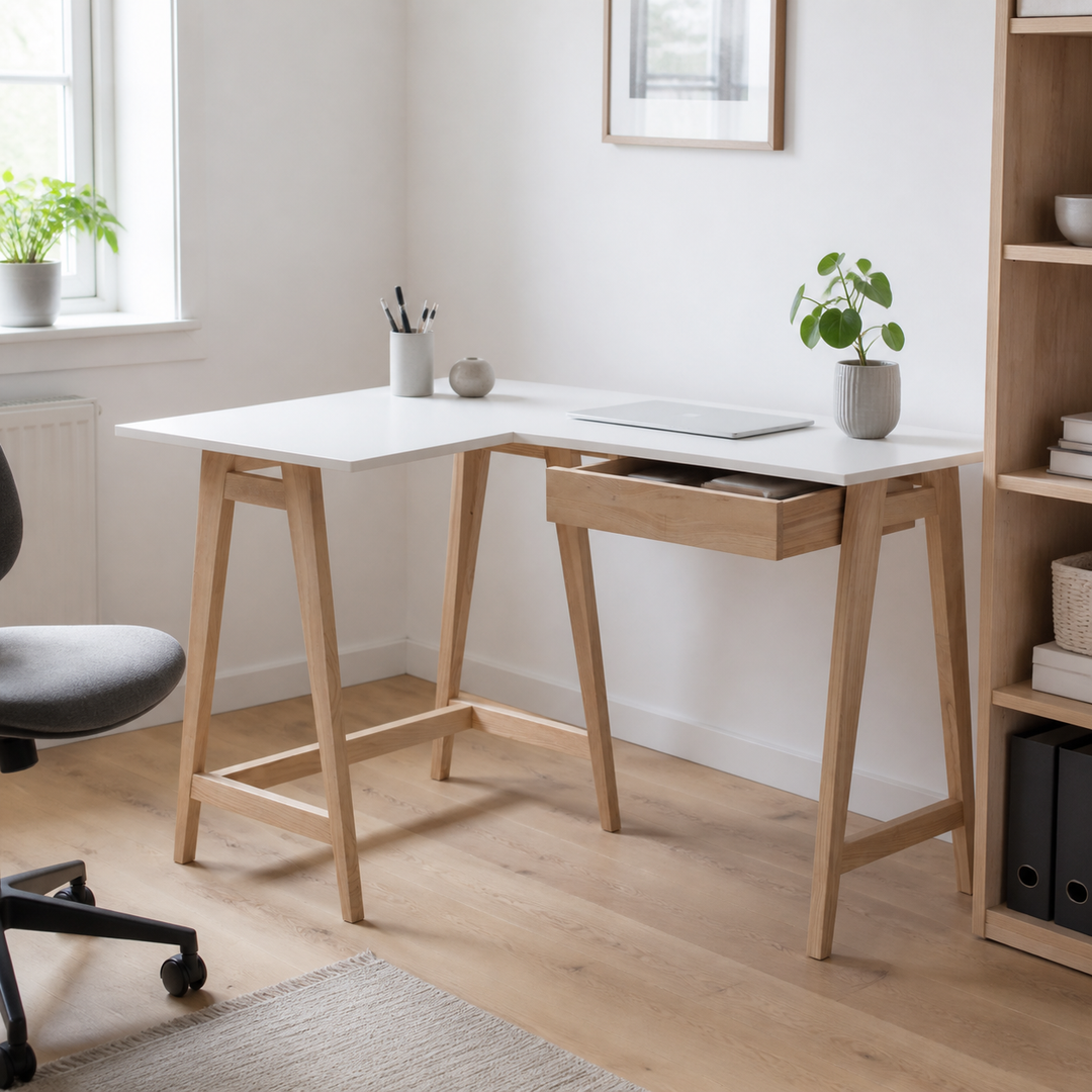LUKA Asketræ Hjørneskrivebord B 115cm x D 85cm / Hvid Venstre Side – vigtigste funktion