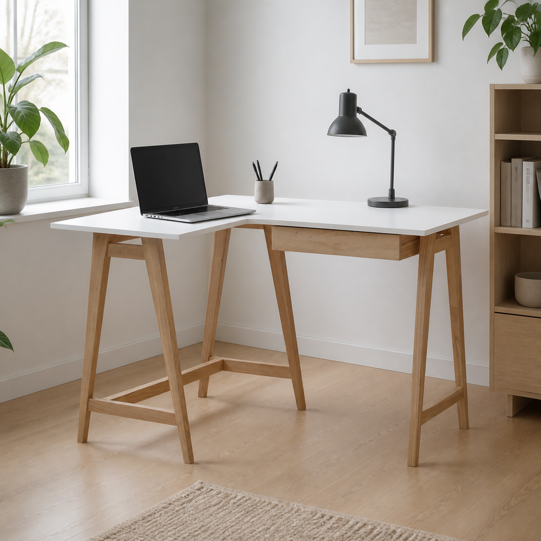 LUKA Asketræ Hjørneskrivebord B 115cm x D 85cm / Hvid Venstre Side – hele produktet samlet og ryddeligt