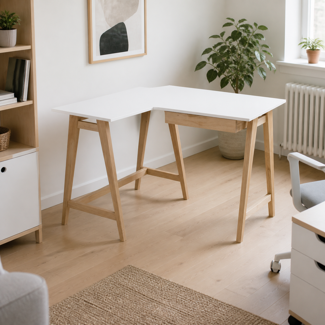 LUKA Asketræ Hjørneskrivebord B 115cm x D 85cm / Hvid Venstre Side – anden naturlig anvendelse eller vinkel
