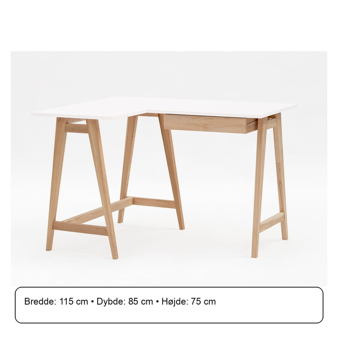 LUKA Asketræ Hjørneskrivebord B 115cm x D 85cm / Hvid Venstre Side – måldiagram eller verificeret produktkort