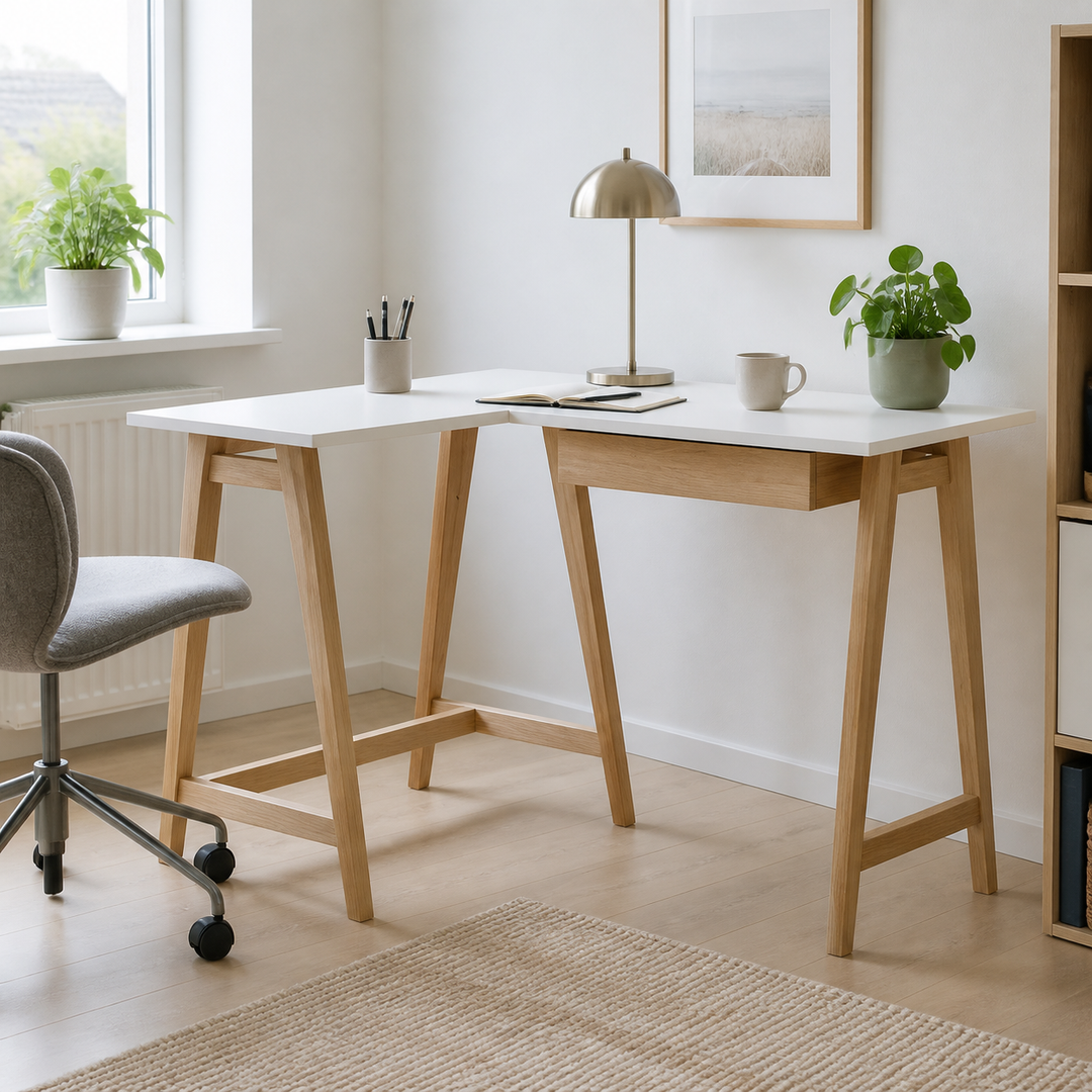 LUKA Asketræ Hjørneskrivebord B 115cm x D 85cm / Hvid Venstre Side – supplerende neutral dagslysscene