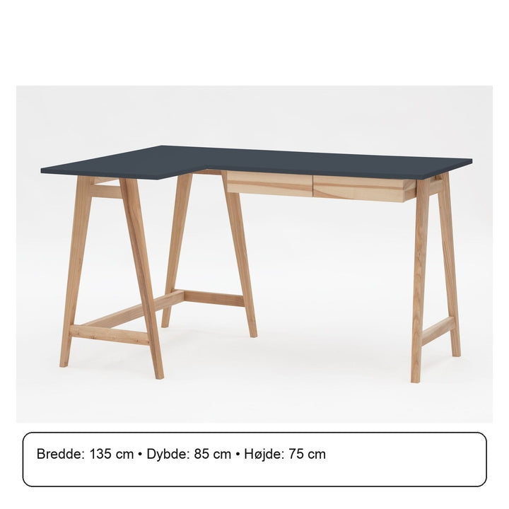 LUKA Asketræ Hjørneskrivebord B 135cm x D 85cm / Grafit Venstre Side – måldiagram eller verificeret produktkort