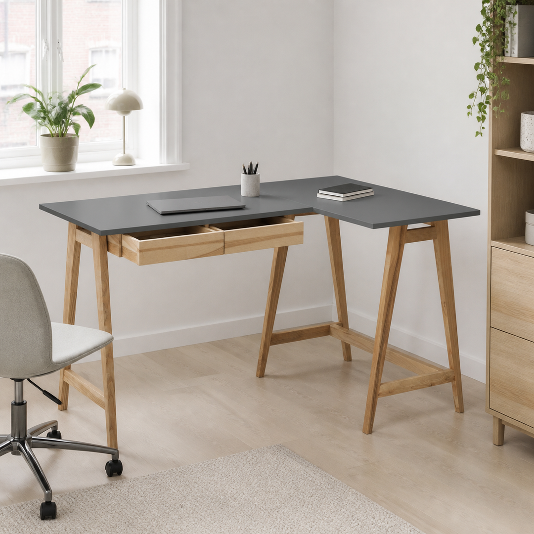 LUKA Asketræ Hjørneskrivebord B 135cm x D 85cm / Mørkegrå Højre Side – vigtigste funktion