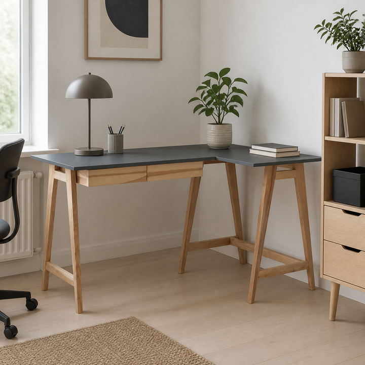 LUKA Asketræ Hjørneskrivebord B 135cm x D 85cm / Mørkegrå Højre Side – hele produktet samlet og ryddeligt