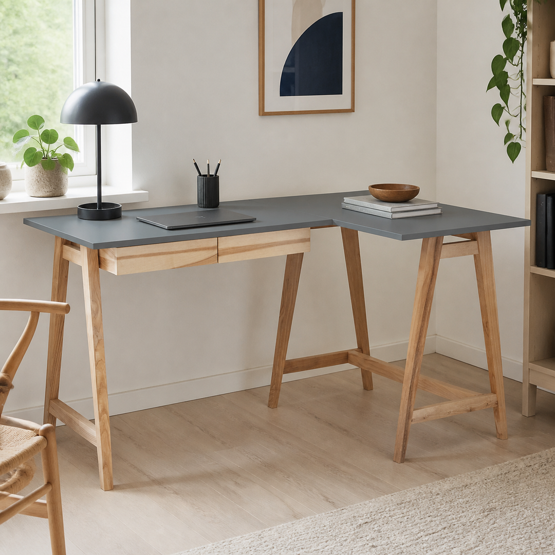 LUKA Asketræ Hjørneskrivebord B 135cm x D 85cm / Mørkegrå Højre Side – materiale- eller konstruktionsdetalje