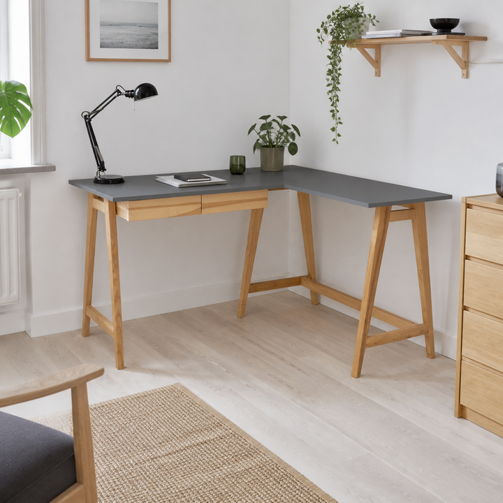 LUKA Asketræ Hjørneskrivebord B 135cm x D 85cm / Mørkegrå Højre Side – anden naturlig anvendelse eller vinkel
