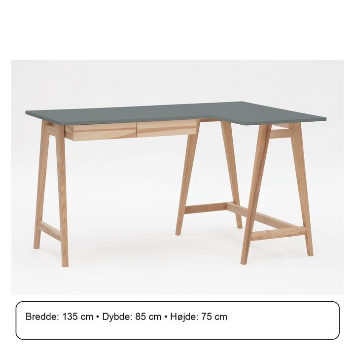 LUKA Asketræ Hjørneskrivebord B 135cm x D 85cm / Mørkegrå Højre Side – måldiagram eller verificeret produktkort