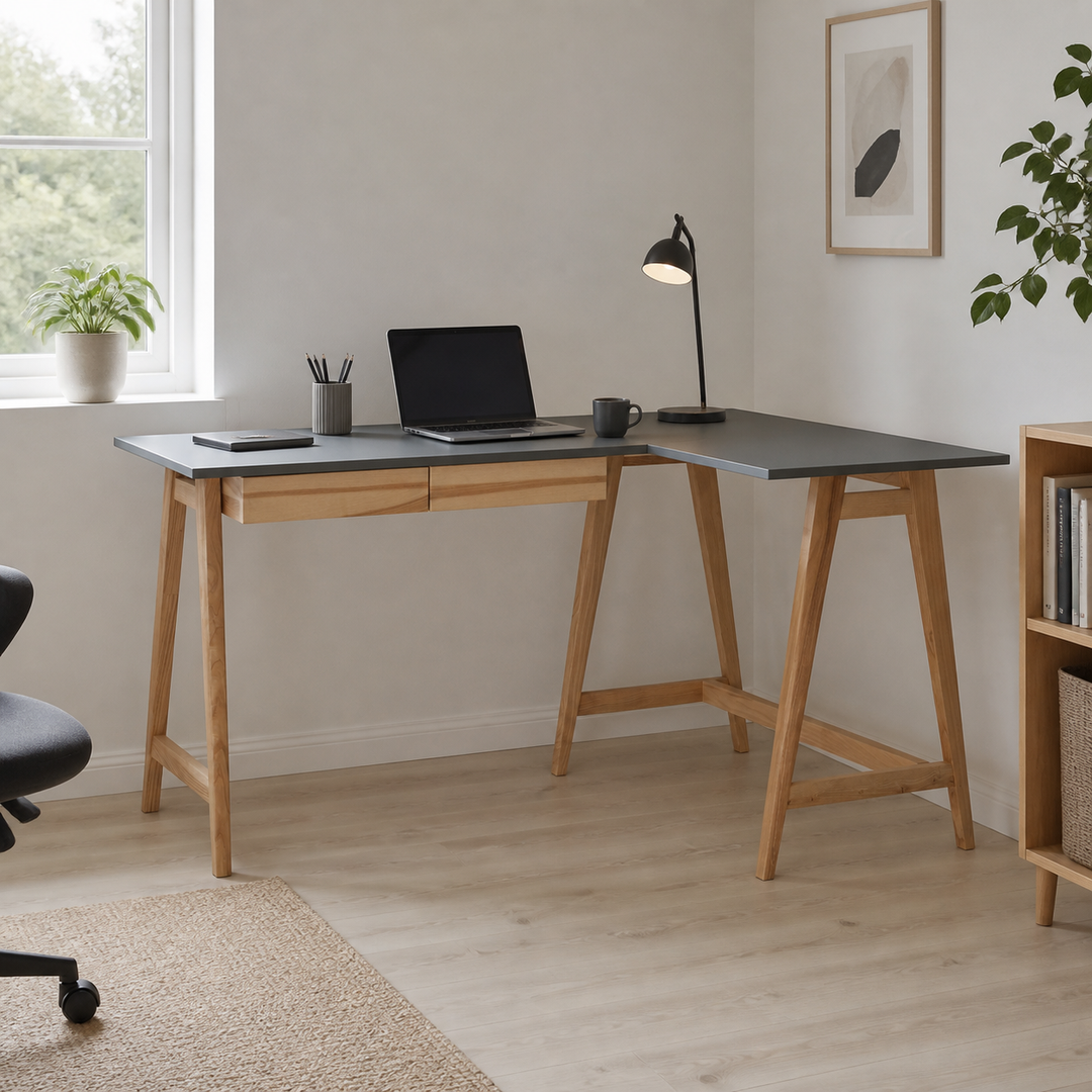 LUKA Asketræ Hjørneskrivebord B 135cm x D 85cm / Mørkegrå Højre Side – supplerende neutral dagslysscene
