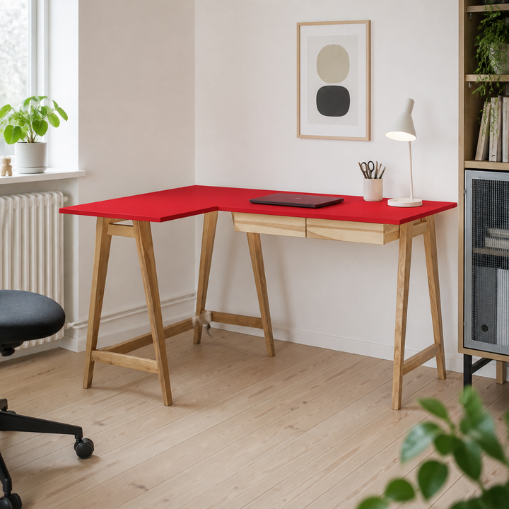 LUKA Asketræ Hjørneskrivebord B 135cm x D 85cm / Rød Venstre Side – hele produktet samlet og ryddeligt