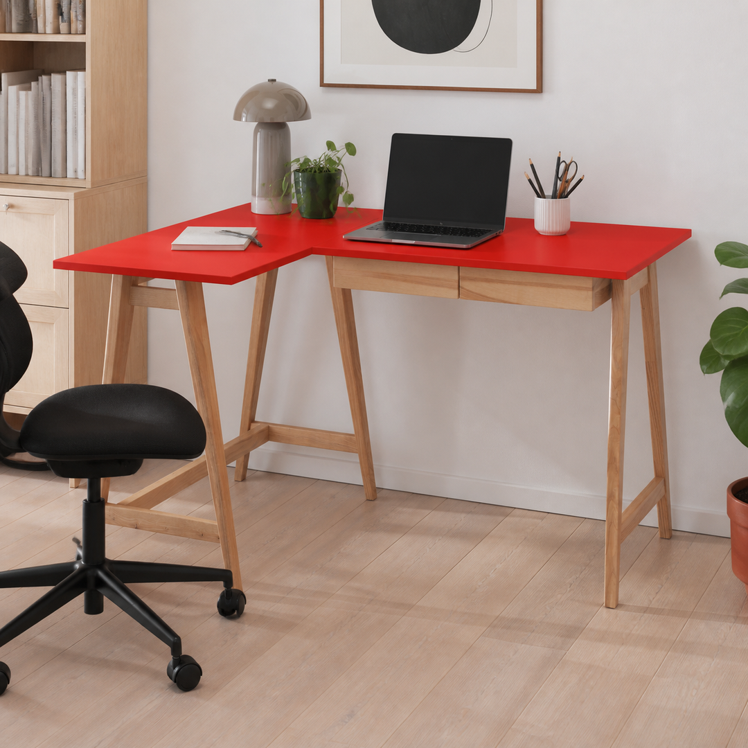 LUKA Asketræ Hjørneskrivebord B 135cm x D 85cm / Rød Venstre Side – materiale- eller konstruktionsdetalje