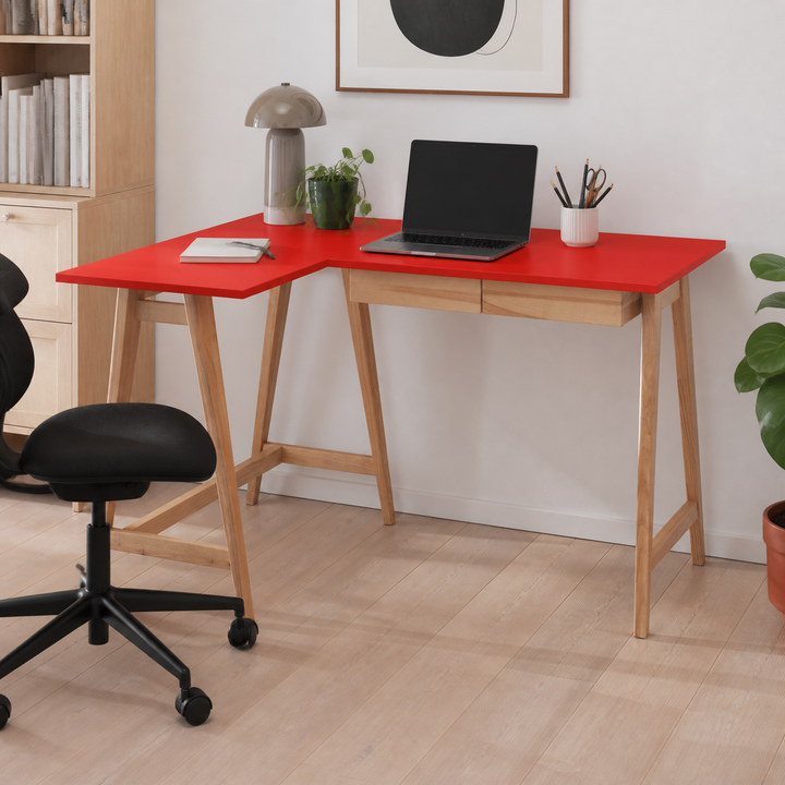 LUKA Asketræ Hjørneskrivebord B 135cm x D 85cm / Rød Venstre Side – materiale- eller konstruktionsdetalje