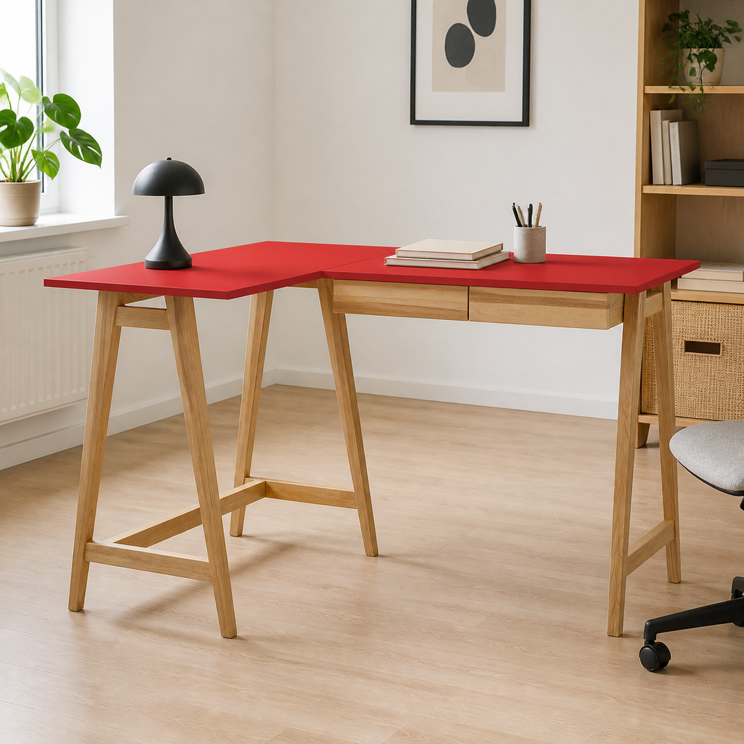 LUKA Asketræ Hjørneskrivebord B 135cm x D 85cm / Rød Venstre Side – anden naturlig anvendelse eller vinkel
