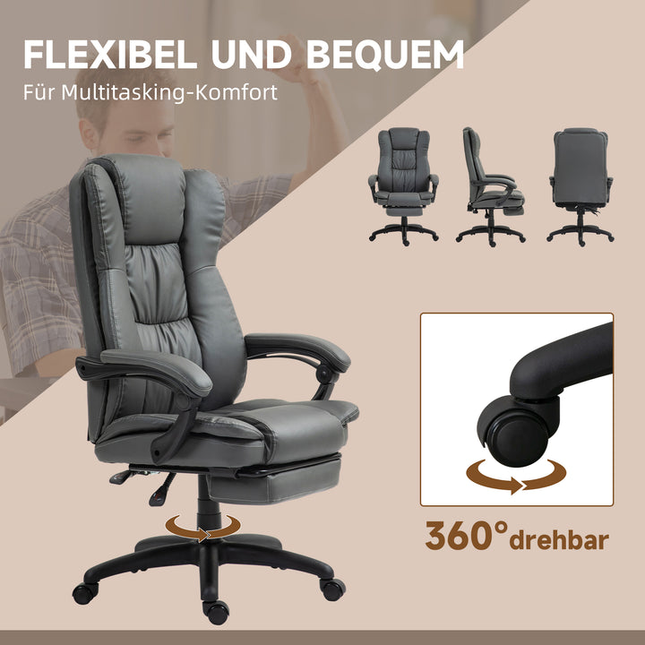 Justerbar drejestol med fodstøtte, nakkestøtte, massagefunktion, kunstlæder, 68,5 x 68,5 x 113-121 cm, mørkegrå