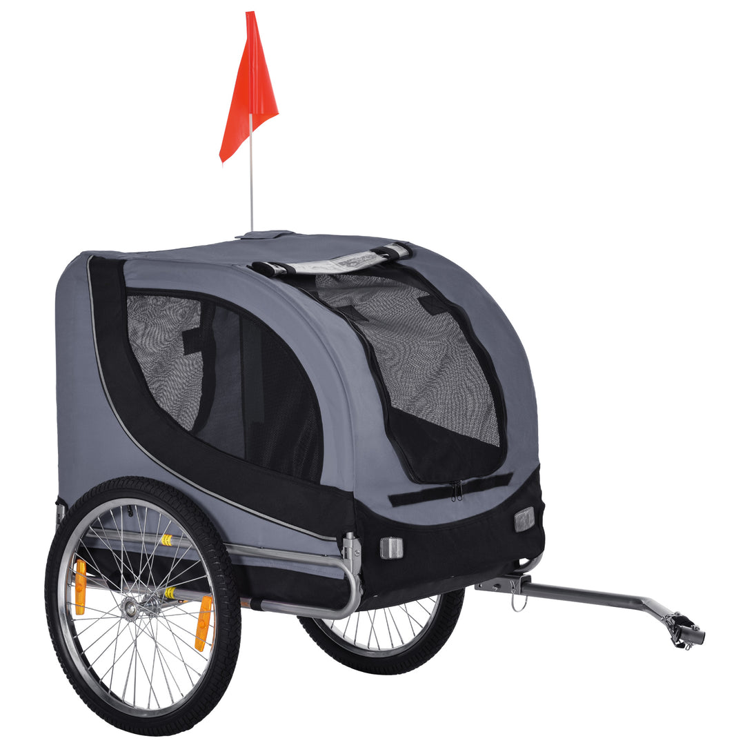 Hundetrailer, cykeltrailer op til 20 kg, foldbar med universalkobling, reflekser, flag, opbevaringsbar, stål+polyester, grå+sort, 130 x 73 x 90 cm