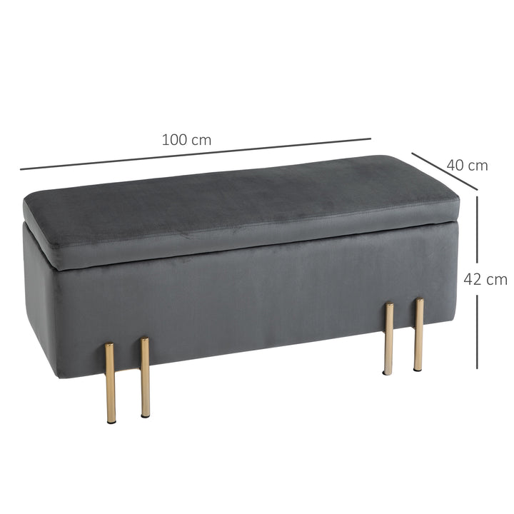 Bænk med opbevaringsplads, polstret bænk med fløjlslook, kommode med metalben, kommodebænk til stue, soveværelse, entre 100 x 40 x 42 cm, mørkegrå