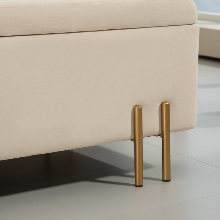 Polstret bænk med opbevaring, kommodebænk, skum, metal, gummitræ, 100 x 40 x 42 cm, beige