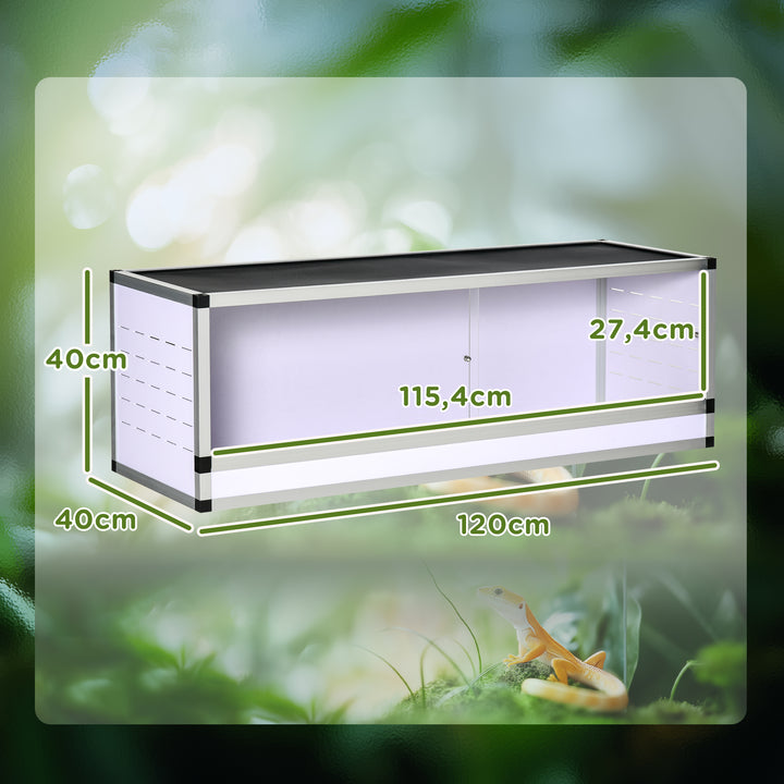 Terrarium lavet af aluminium til krybdyr, padder, spindlere, krybdyravlskasse, netterrarium, hvid + sølv + sort, 120 x 40 x 40 cm