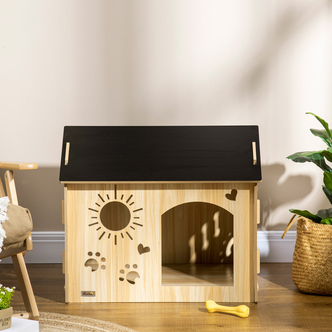 Hundehus, med ventilationsåbninger, vejrbestandigt, træmateriale, sort + træfarvet, 69 x 50 x 58,5 cm