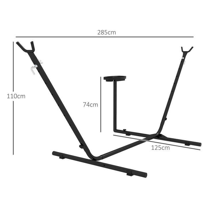 Hængekøjestativ, til hængekøjer op til 280 cm, stål, 285L x 125B x 110H cm, sort
