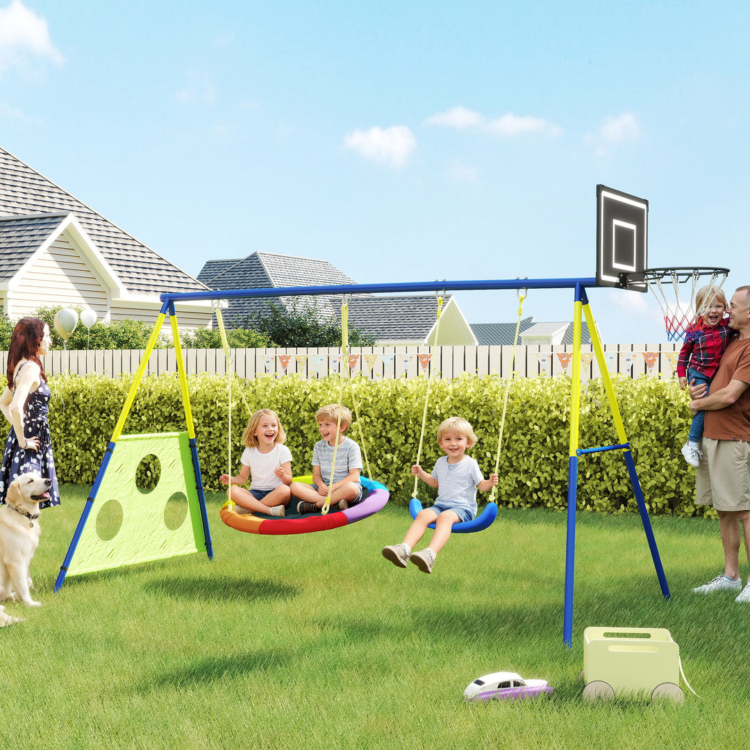 4-i-1 gyngesæt op til 150 kg med redegynge, basketballkurv, fodboldmål, U-gynge, 288 x 160 x 220 cm