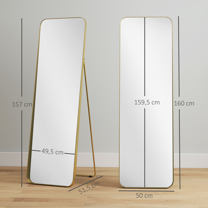 Helfigursspejl, fritstående, vipbart, metalramme, mdf, 160 x 50 cm, guld