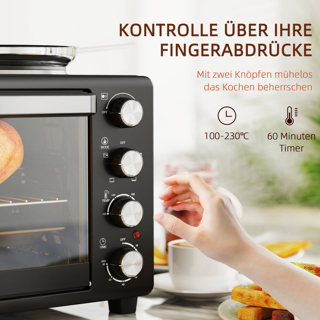 28 L brødristerovn, kompakt ovn til madlavning og grillning, elektrisk ovn med bageplade, grillrist, 2600w, sort