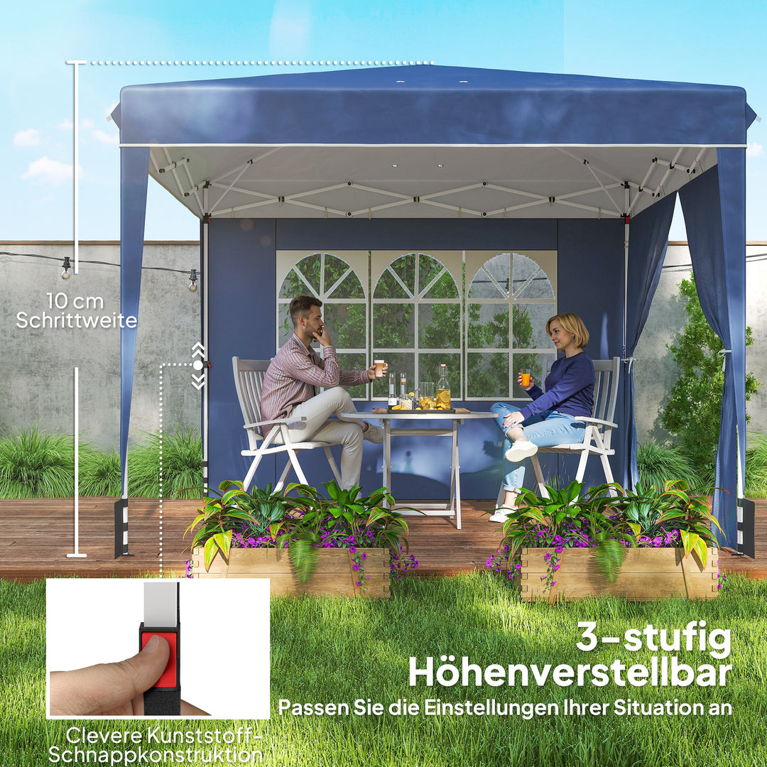 3 x 3 m vandtæt, højdejusterbar pop-up-foldepavillon med 2 sidepaneler, UV 50+, foldbar, mørkeblå