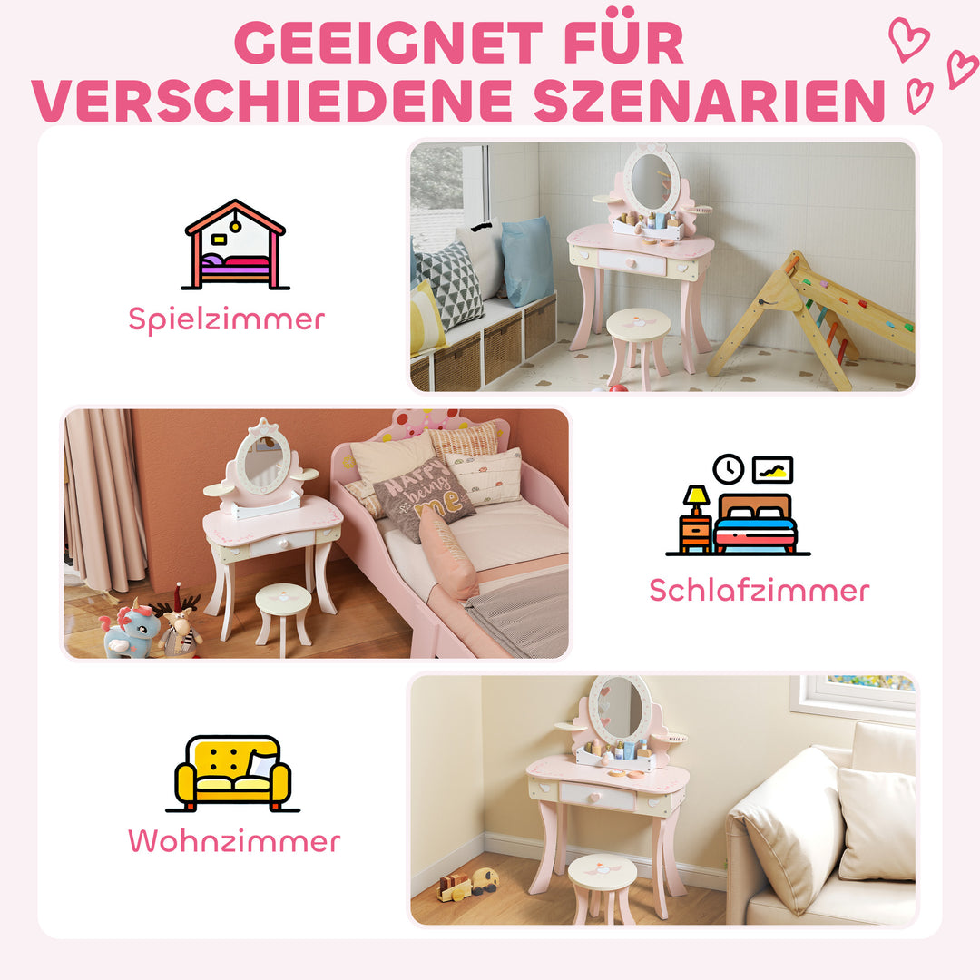 Børnesminkebord, stol, skuffe, aftageligt spejl, børneskrivebord med 7 tilbehør, 2-i-1 design, MDF, pink