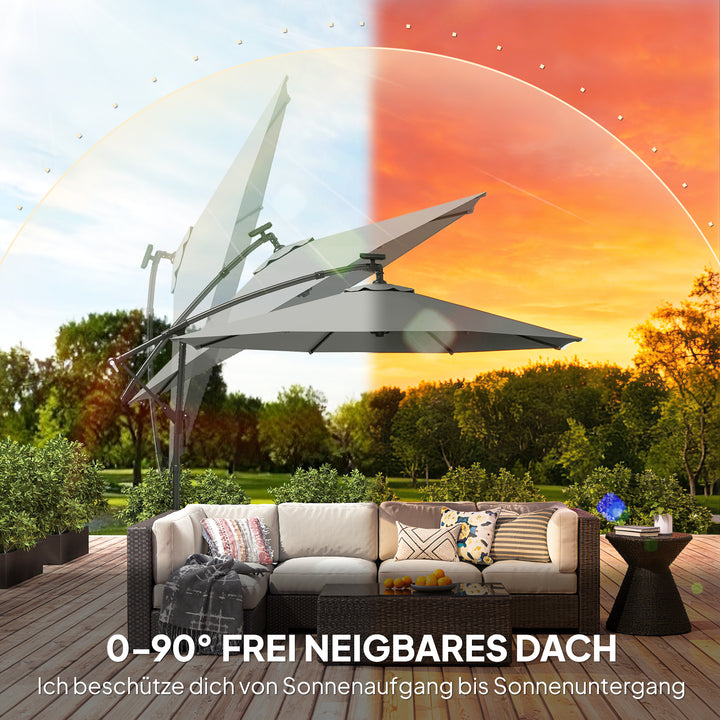 LED solcelledrevet parasol, ca. Ø300 cm, drejelig, med håndsving, beskyttelsesovertræk, lysegrå