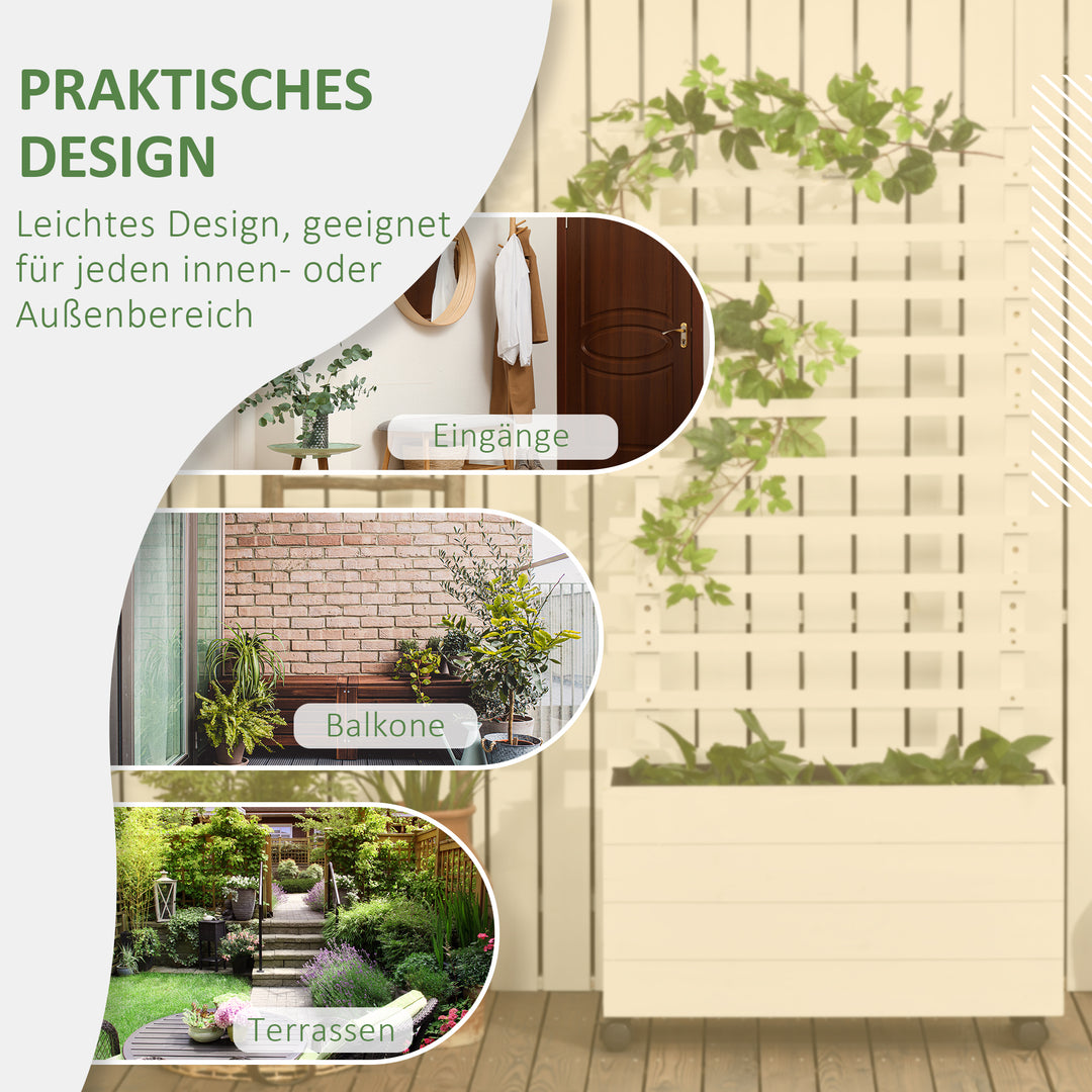 Plantekasse med espalier, 4 hjul, naturtræ, vejrbestandig finish, hvid, 76 x 30 x 155 cm