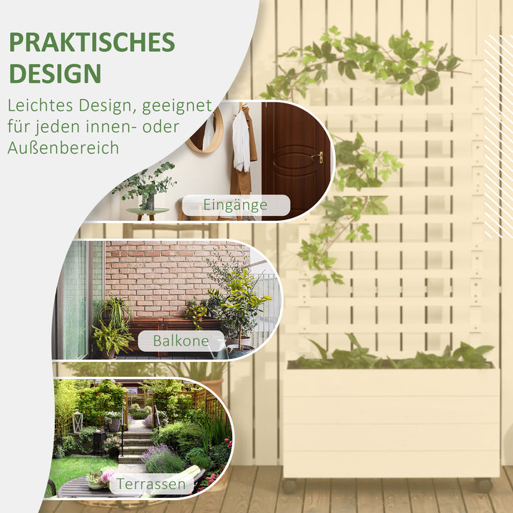 Plantekasse med espalier, 4 hjul, naturtræ, vejrbestandig finish, hvid, 76 x 30 x 155 cm