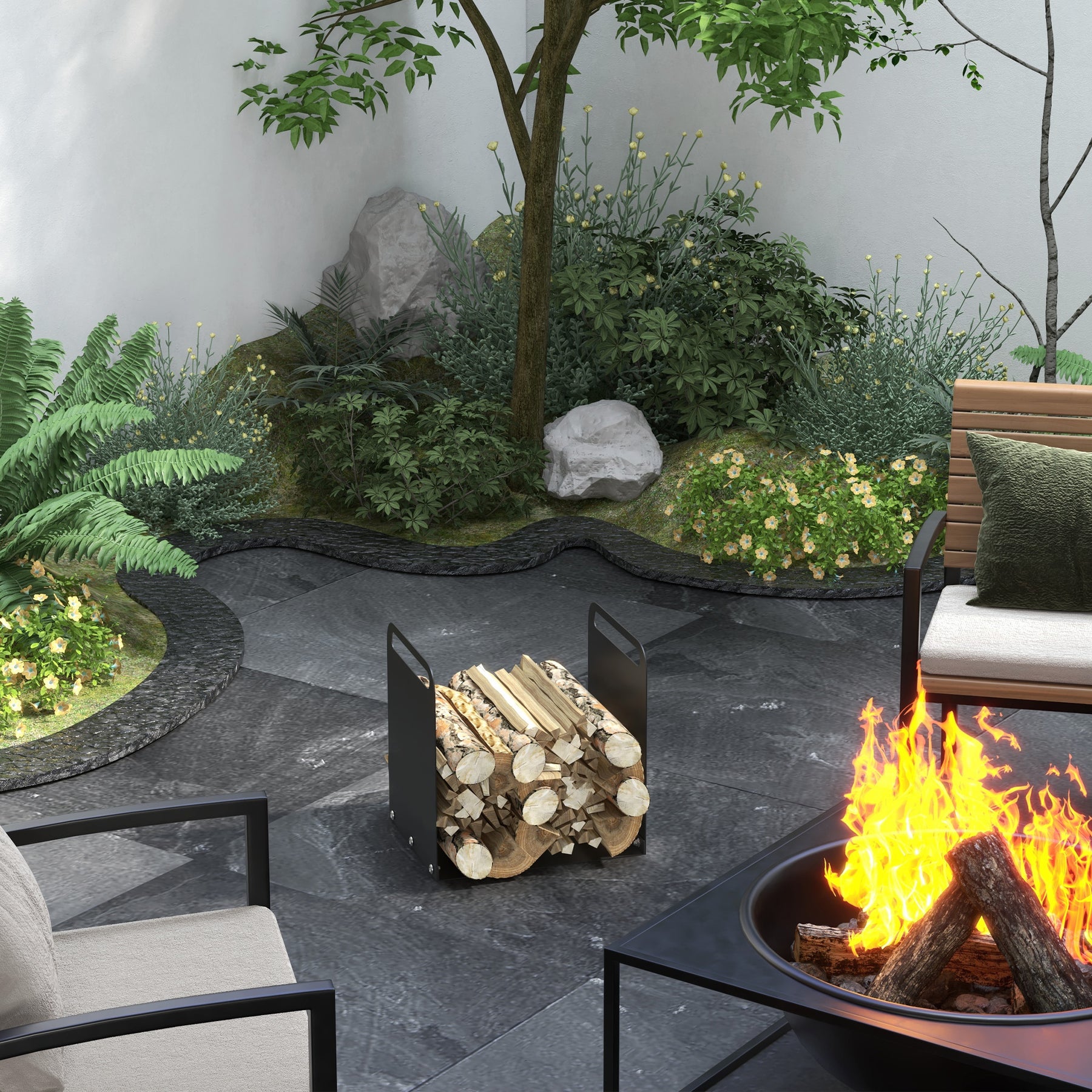 Kompakt sort brændehylde med to bærehåndtag i stålramme til indendørs brug ved pejsen